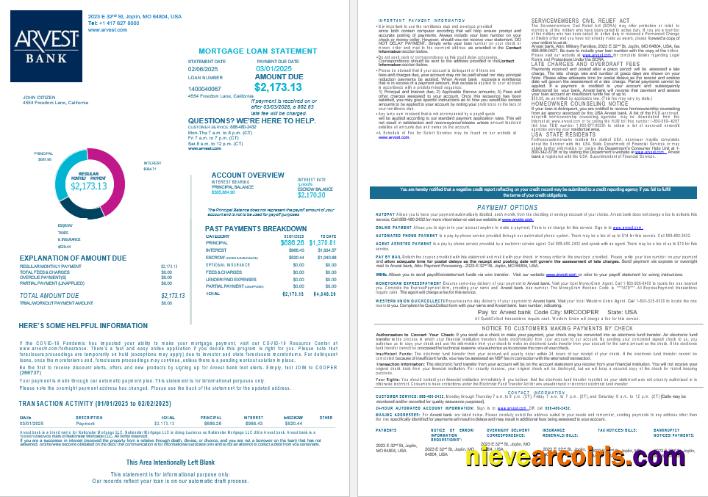 USA Arvest bank mortgage loan statement, 4 pages 1-2